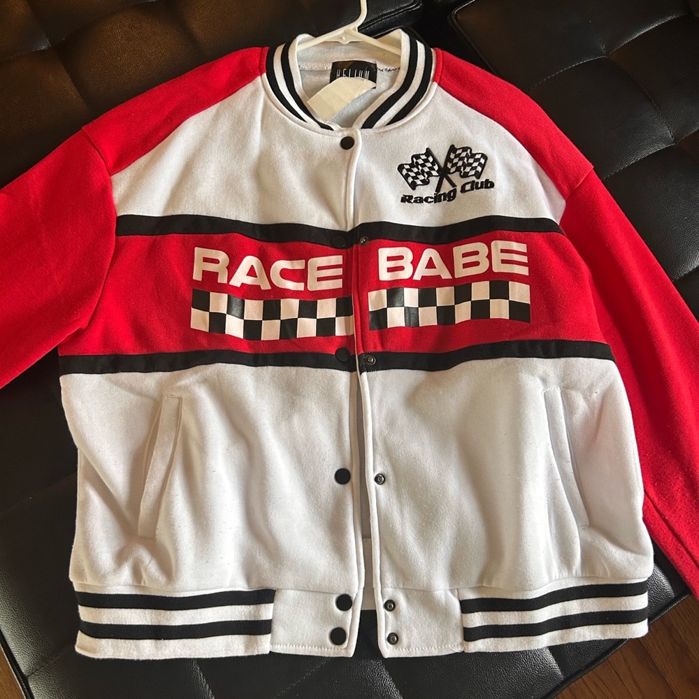 Red and White Racing-Inspired Jacket with Checkered Details